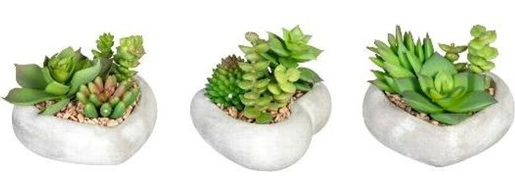 artplants.de Deko Sukkulenten Gesteck SORIPI, 3 Stück, Herz Zementschale, grün-rosa, 7cm - Kunstgesteck