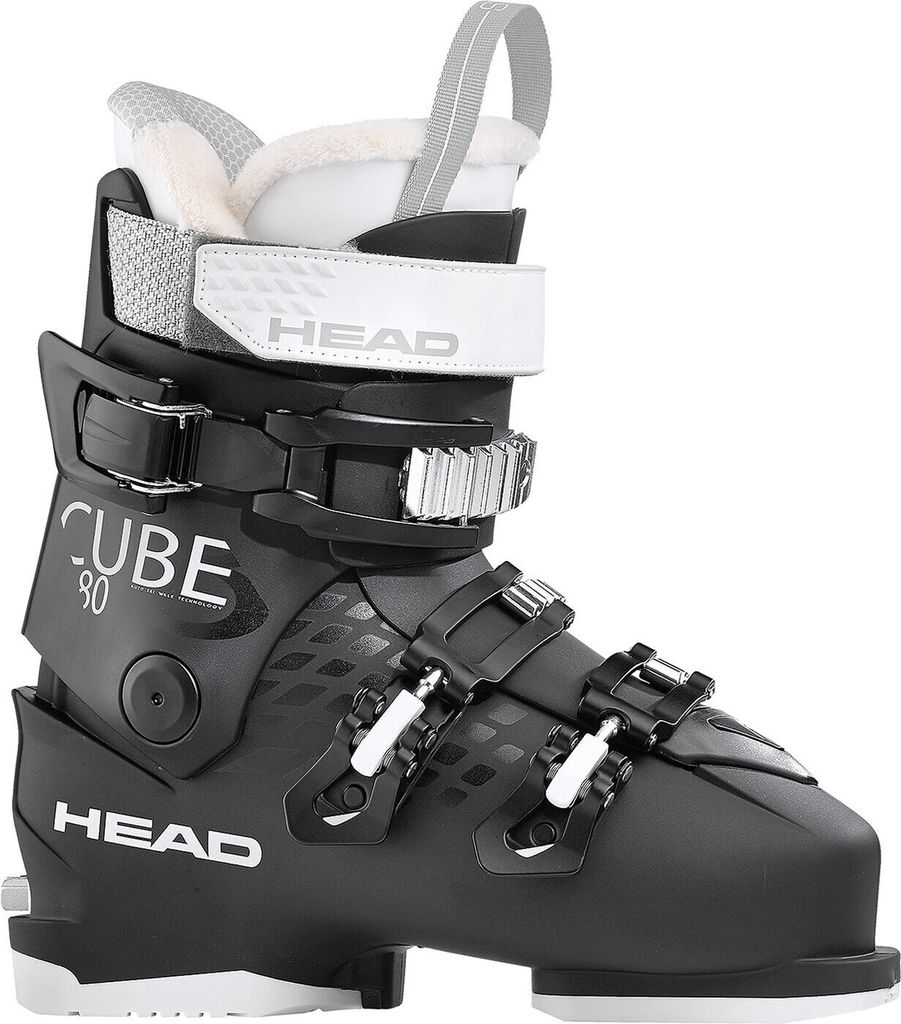 A single black ski boot is shown against a white background.