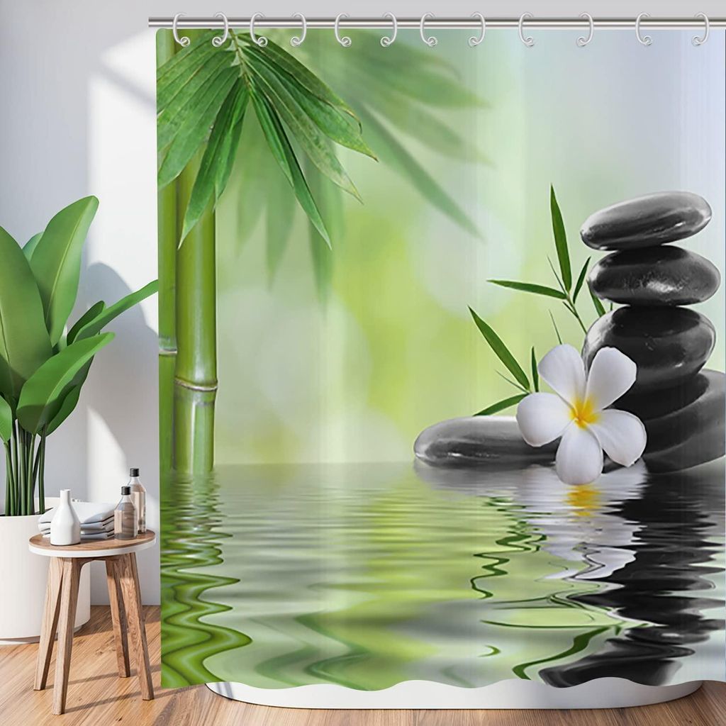 Zen-Garten-Duschvorhang 180x200, Spa-Grün, Bambus, Schwarzer Stein, Weiße Blumen, Japanischer Meditations-Entspannungs-Badevorhang, wasserdichtes...