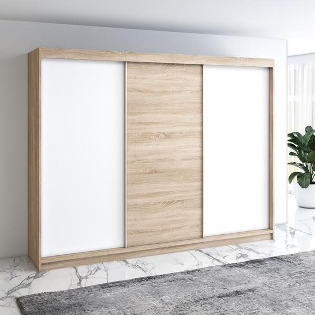Schwebetürenschrank, 3-türig Schrank mit 4 Schubladen! Moderne Garderobe für Kleidung. Verschiedene Farben (Weiß, Schwarz, Somona) Kleiderschra...