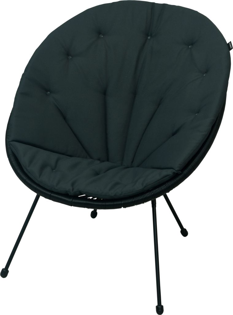 A dark gray, round, tufted cushion chair with black metal legs, isolated on a white background.