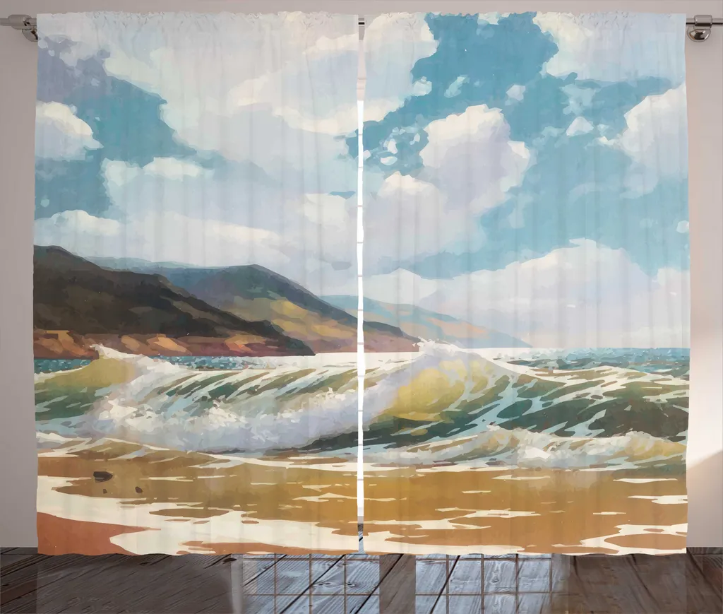 Rideau rustique vagues de la mer en tissu imprimé 280x225cm avec crochets