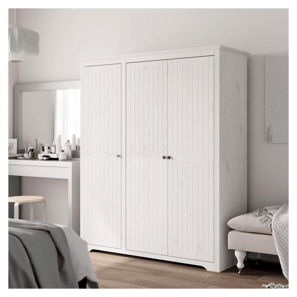 Kleiderschrank mit Kleiderstange und Türen, Schlafzimmerschrank mit Stauraum, Holzschrank für den Flur, Weiß, 146 x 53,5 x 173 cm