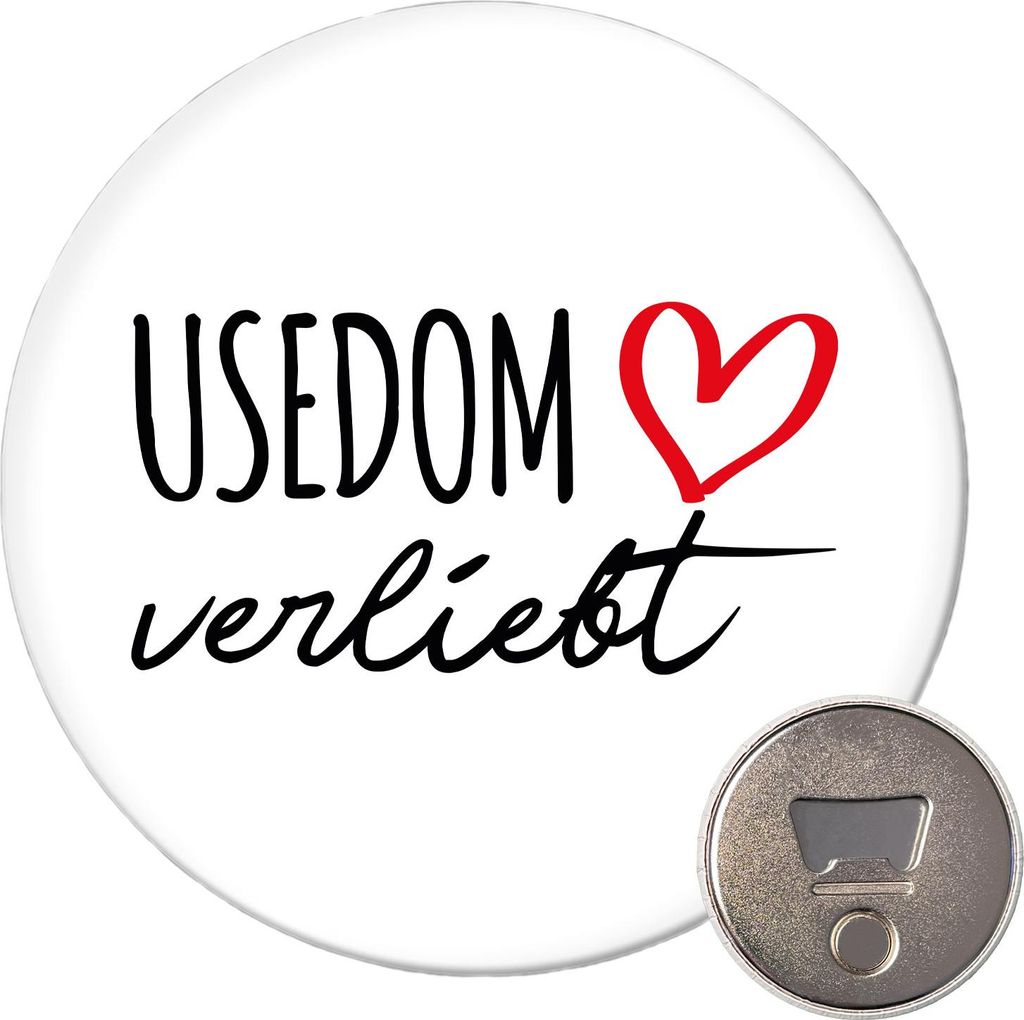 Huuraa Magnet Usedom verliebt 59mm Kühlschrankmagnet rund Flaschenöffner Geschenkidee
