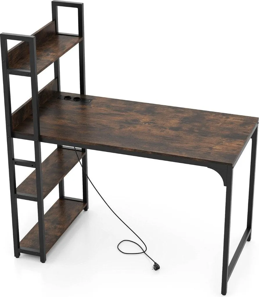 Bureau d'ordinateur pour petit espace avec chargeur et rangement marron