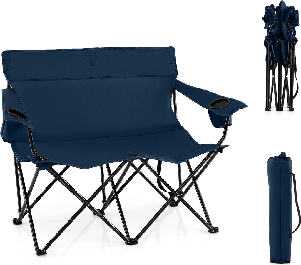 KOMFOTTEU Campingstuhl für 2 Personen, Klappstuhl mit Getränkehalter, Angelstuhl bis 300 kg, Picknickstuhl mit Tragetasche, für Grill, Garten, A...