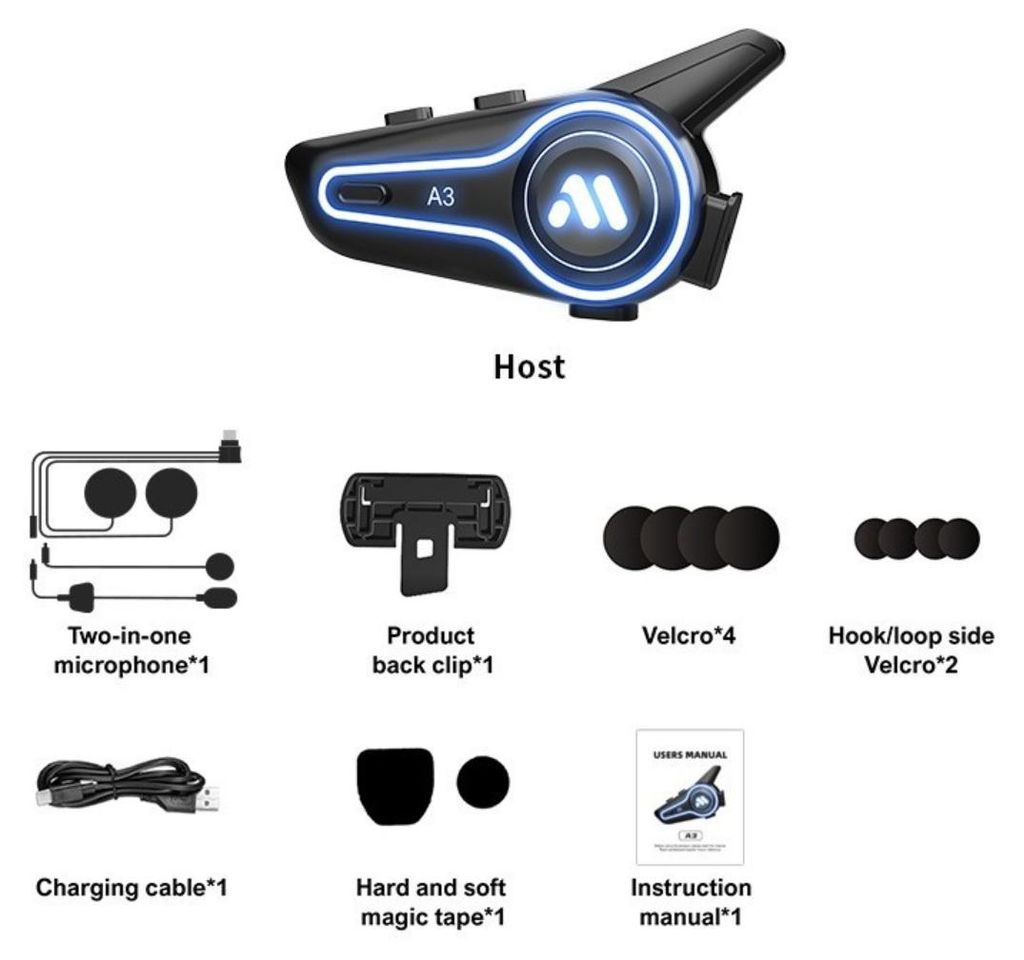 INF Helm-Headset Bluetooth 5.4, IP67, RGB, 1000mAh, ABS/Silikon für Fahrer