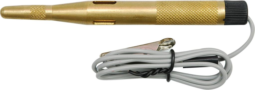A close-up studio shot of a brass voltage tester with a gray wire and alligator clip.