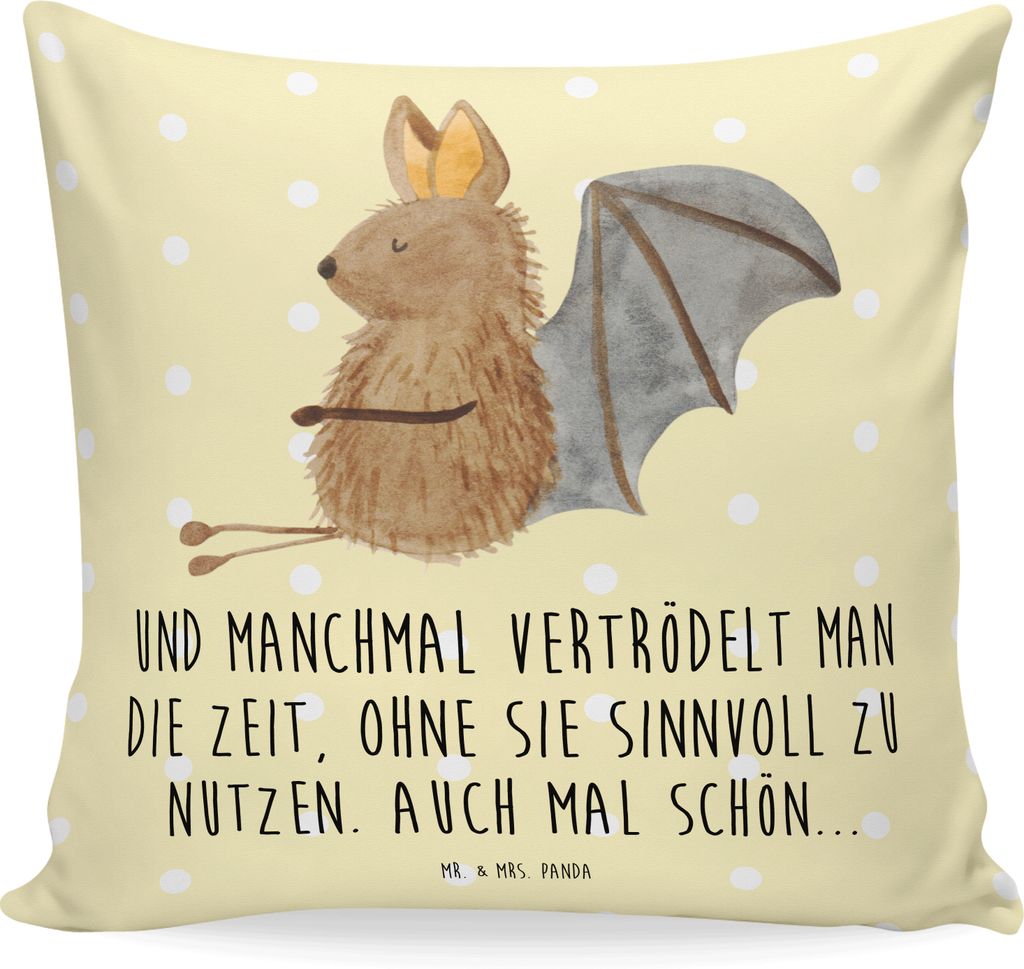 Mr. & Mrs. Panda Kuschel Kissen Fledermaus Sitzen - Gelb Pastell - Geschenk, Entspannen, Motivation, bedruckt, Lustige Sprüche, wohnzimmer, 40x40,...