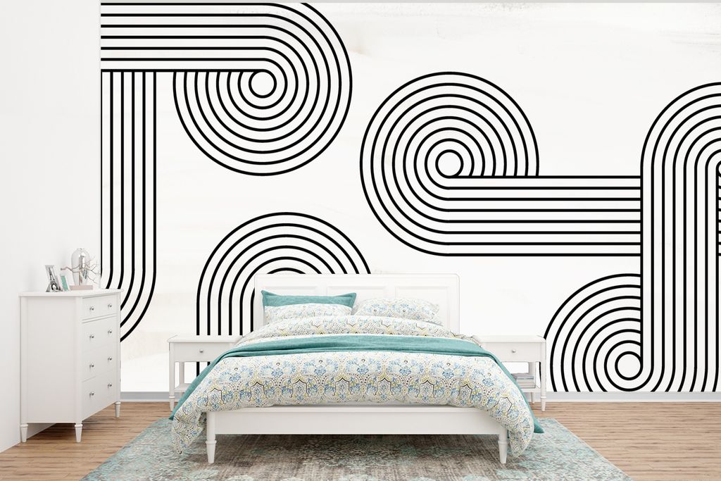 MuchoWow Fototapete für Wohnzimmer oder Schlafzimmer Wandtapete Vinyl Motivtapete Kreis - Schwarz - Weiß - Abstrakt - 295x220 cm - Wand Tapete