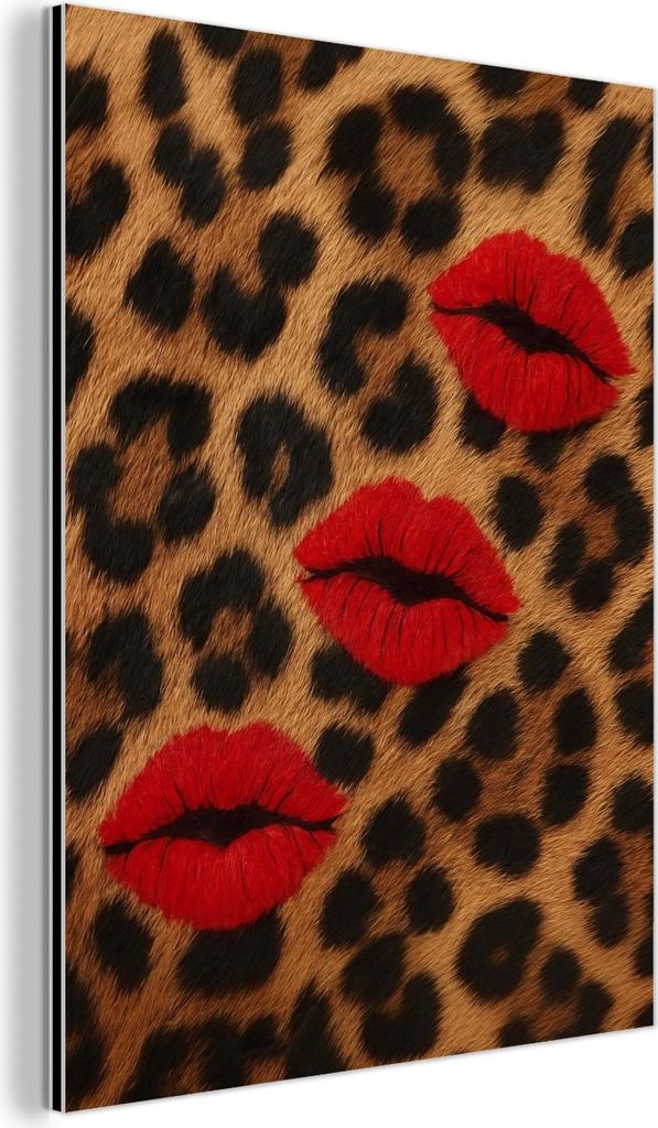 MuchoWow Wanddekoration Metall Metallbild Wandkunst 30x40 cm Lippen - Drei - Rot - Pantherdruck MuchoWow Aluminium Gemälde - Bilder