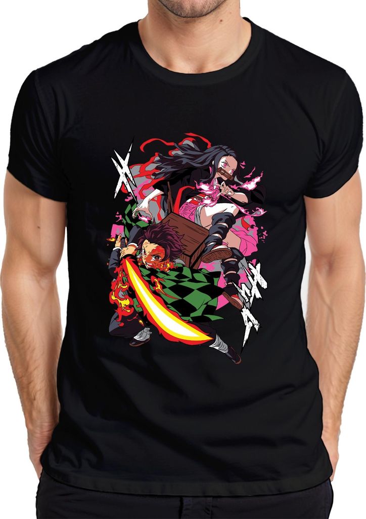 Kimetsu no Yaiba Tanjiro Nezuko Feuerklinge Anime Geschenk Manga Herren T-Shirt, Schwarz, S
