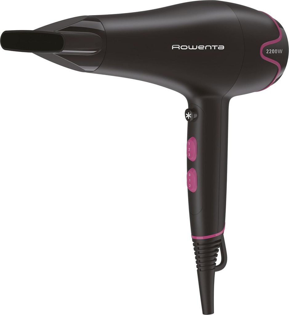 A black Rowenta hair dryer with pink accents, shown against a white background.
