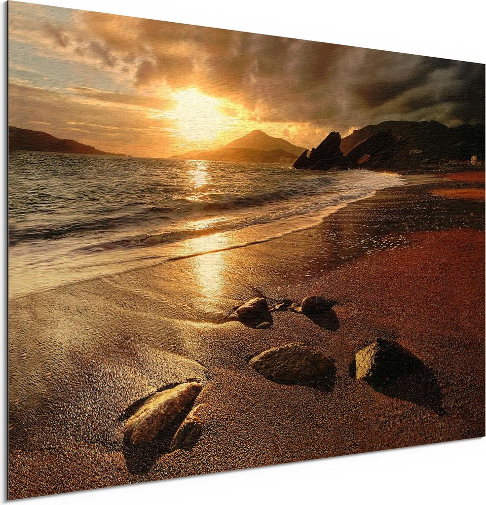 DEQORI Alu-Dibond Bild Gold 60x40 cm 'Strand im Sonnenuntergang' Wandbild Metall dünn