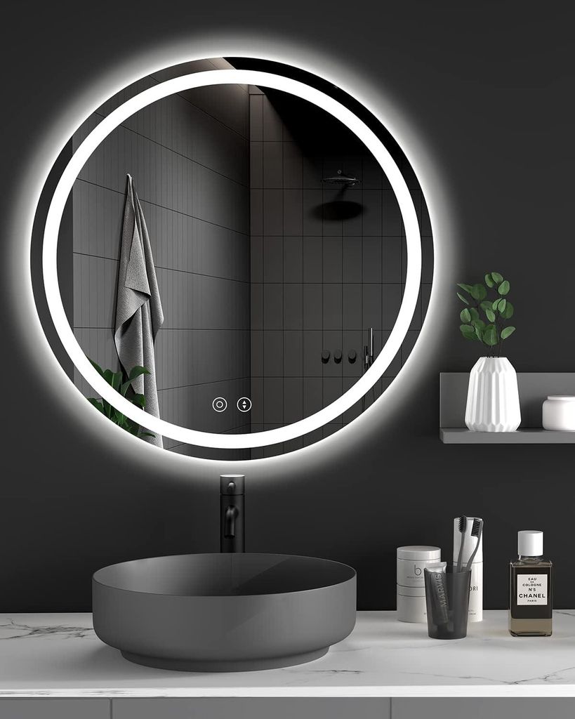 Badspiegel Rund mit Beleuchtung Led Spiegel mit Touch-Schalter, Dimmbar, 3 Lichtfarbe Einstellbare Runder Badezimmerspiegel mit Beleuchtung, Beschl...