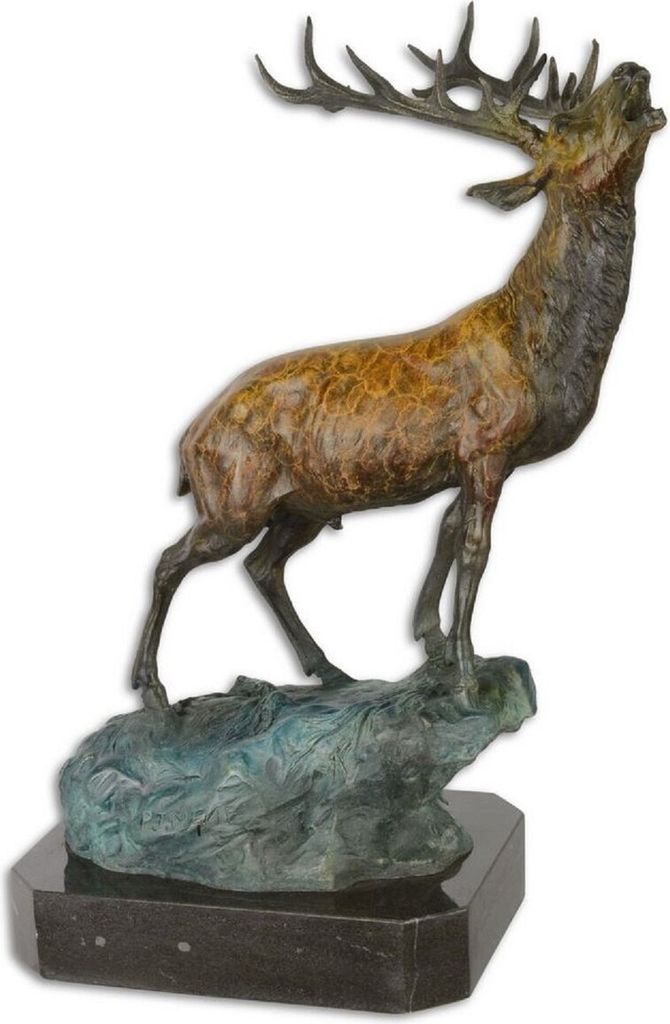 Casa Padrino Luxus Bronzefigur Hirsch auf Felsen Bronze / Blau / Schwarz 26,3 x 18,3 x H. 37,8 cm - Bronze Skulptur mit Marmorsockel