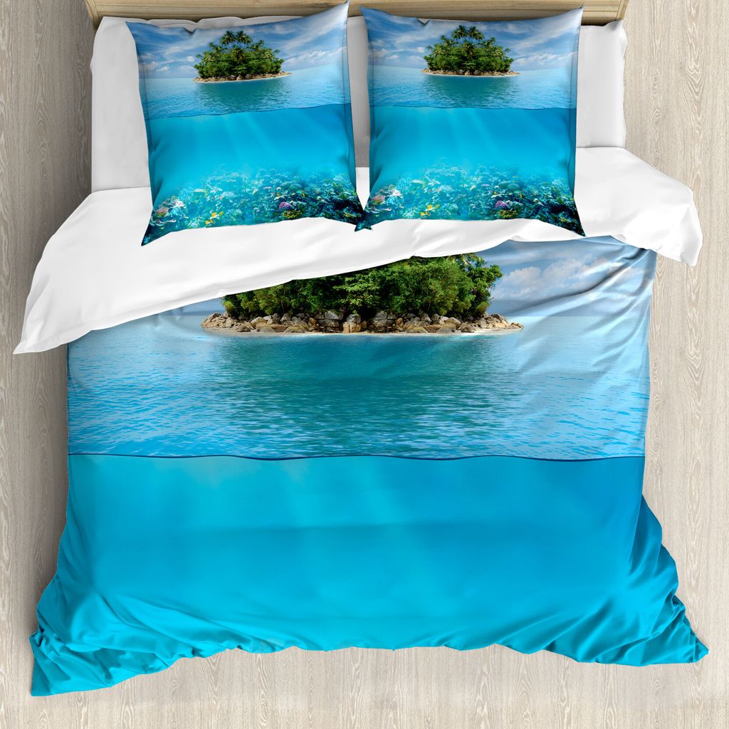 ABAKUHAUS Tropisch Bettbezug, Kleine Insel im Ozean, Milbensicher Allergiker geeignet mit Kissenbezügen, 200 cm x 200 cm - 80 x 80 cm, Aqua Forest...