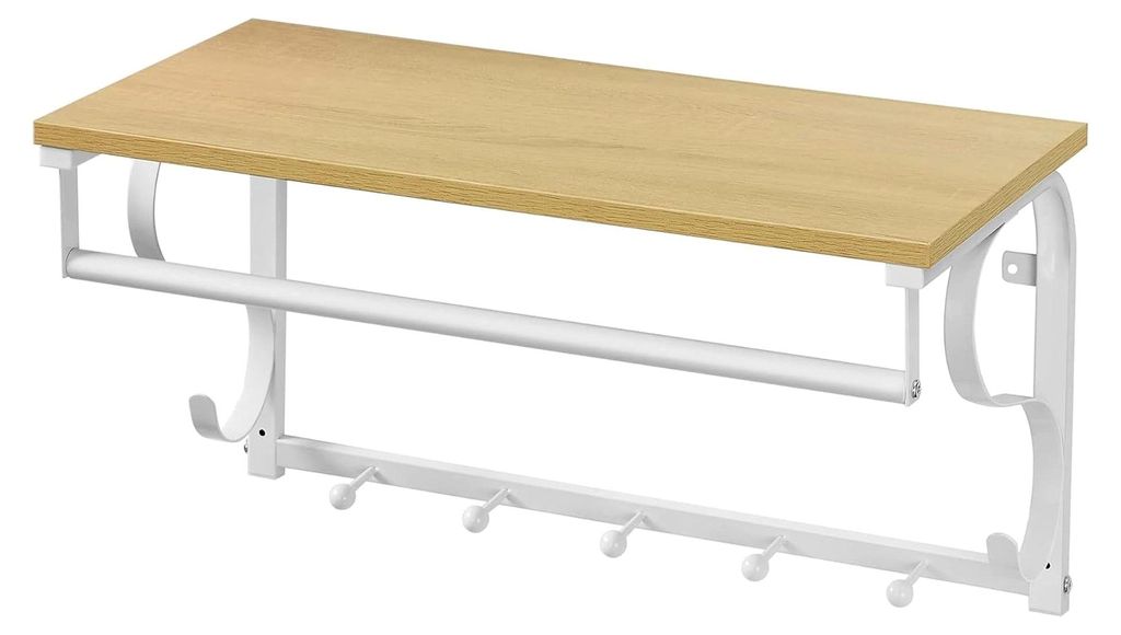 Wandgarderobe mit 5 Haken und Ablage im Industrie-Design, für Flur, Schlafzimmer, Badezimmer und Wohnzimmer, eichefarben-weiß