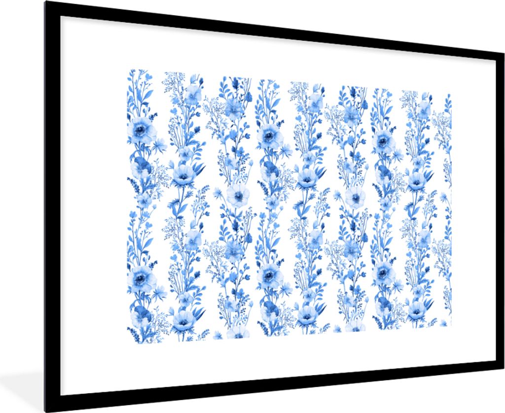 MuchoWow MuchoWow Gerahmtes Poster Blumen - Anemone - Muster - Blau 90x60 cm - Poster mit zchwarzem Bilderrahmen - Wanddekoration - Fotos
