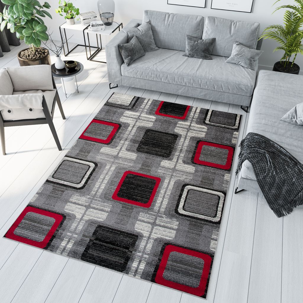 Teppich Wohnzimmer Schlafzimmer Kurzflor Modern Design Grau Rot Meliert 120 x 170 cm