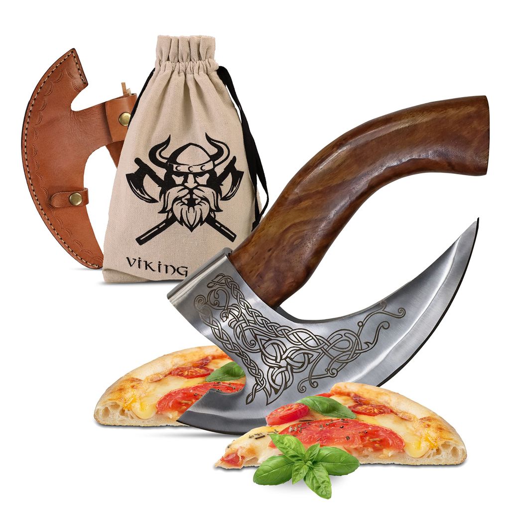 VIKING CRAFT - Pizza Axt Wikinger inkl. Lederschutz - Pizzamesser für echte Wikinger - Pizzaschneider Axt perfekt geeignet als Wikinger Deko