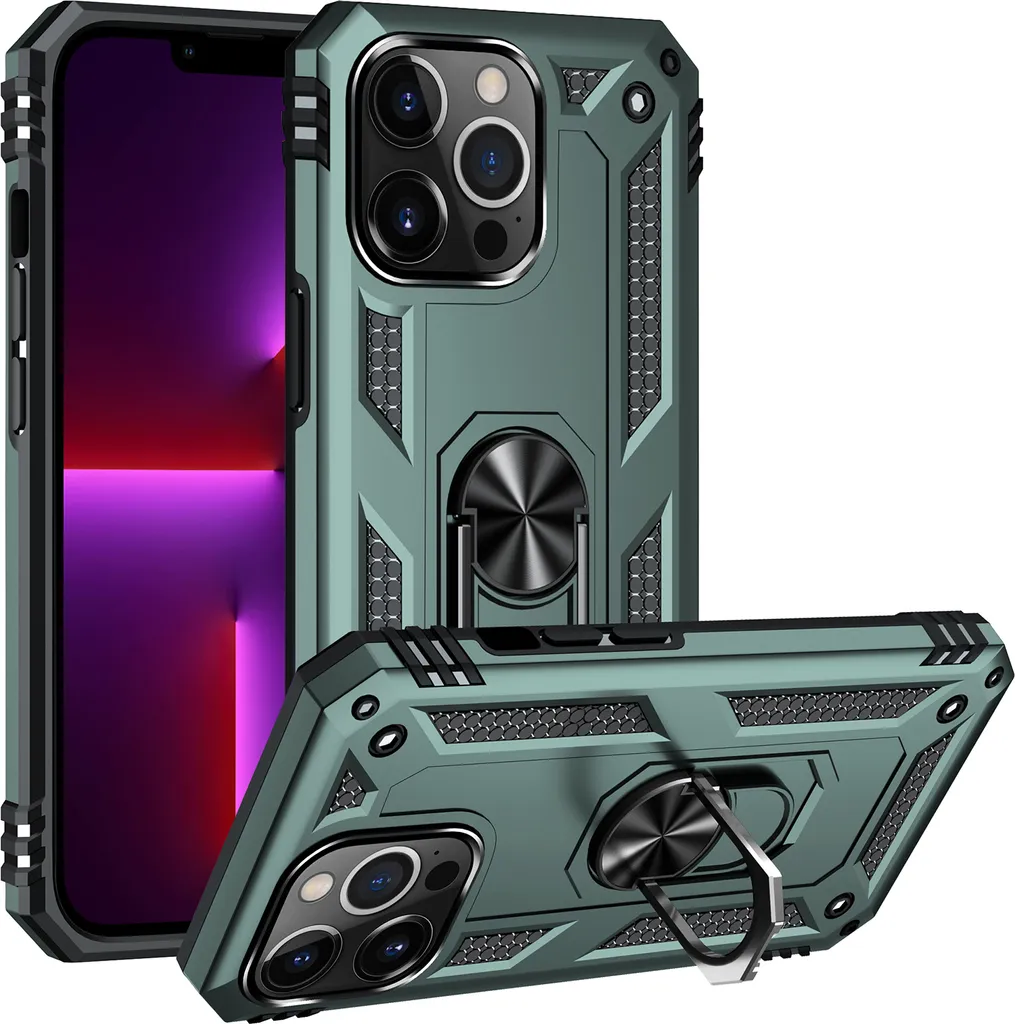 Custodia per iPhone 14 Pro Max a due strati, robusta e con protezione militare, con supporto ad anello e supporto verde