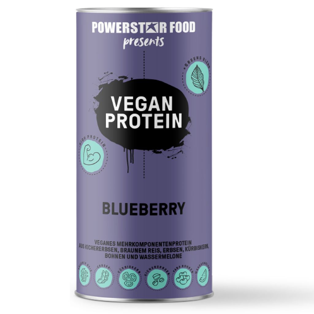 Powerstar VEGAN PROTEIN POWDER 500 g | Ohne Soja | Mehrkomponenten Protein-Pulver mit 10 Superfoods | Ideal zum Muskelaufbau | Blueberry