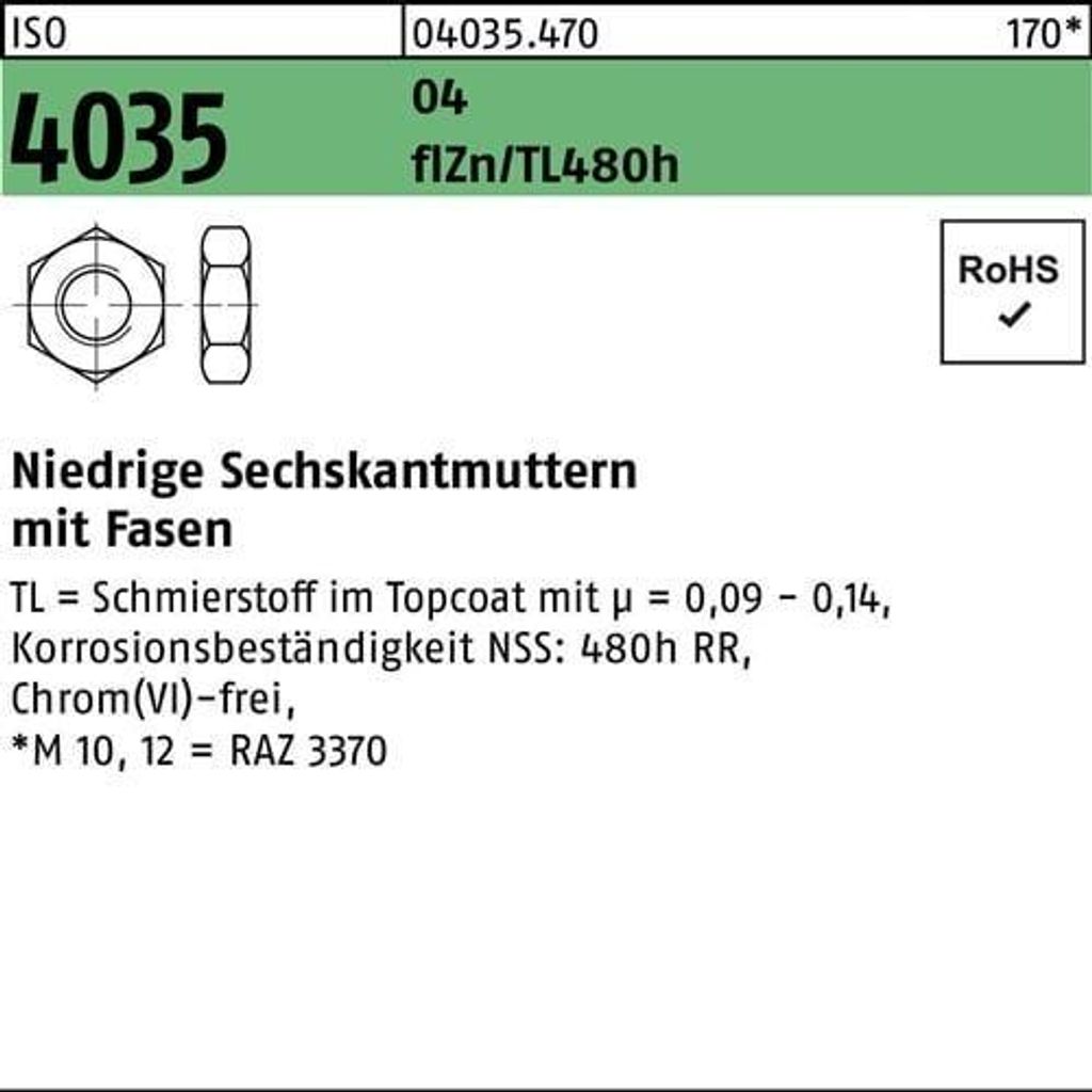 Reyher niedrige Sechskantmu. ISO 4035 04 M 20 flZn (50 Stück)
