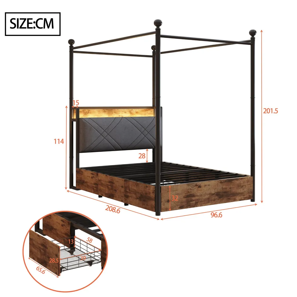 Lit combiné 90x190 cm avec tête de lit étagère connectée et bande LED