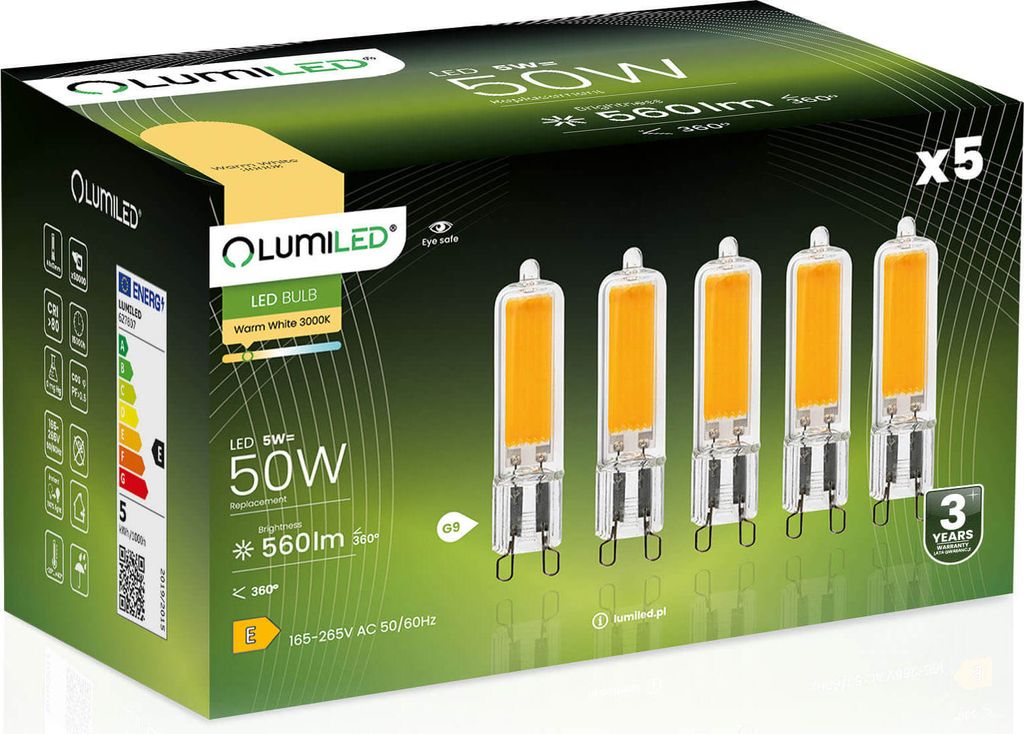 5x Żarówka LED G9 Kapsułka 5W = 50W 560lm 3000K Ciepła 360° Zdjęcie produktu 