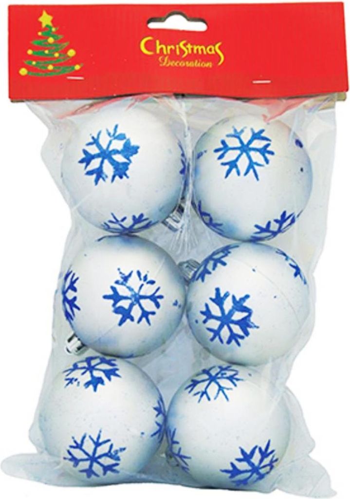 MAGICHOME WEIHNACHTSKUGELN, 6 St., silber mit blauen Flocken, 6 cm