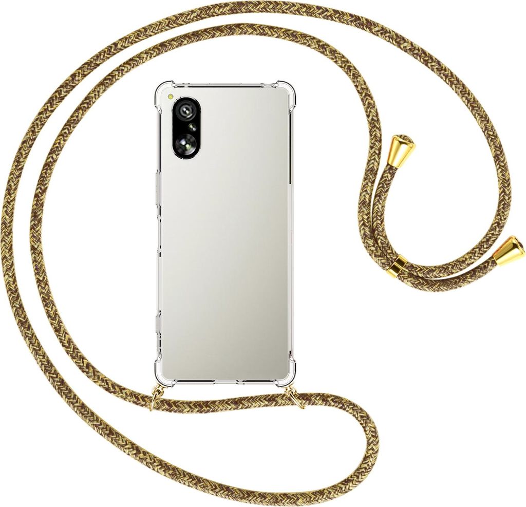 Handykette Backcover-Schutzhülle mit Band (Metall goldfarben) für Sony Xperia 5 V (6.1'') - braun+beige