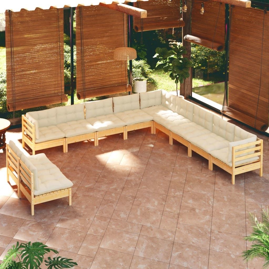The Living Store 11-tlg. Garten-Lounge-Set mit Creme Kissen Massivholz Kiefer
