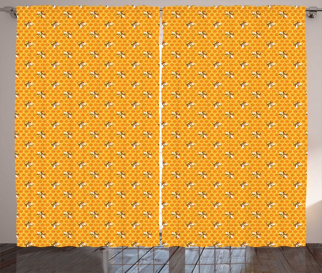 ABAKUHAUS Tierkunst Rustikaler Gardine, Bienen auf Honig Combs Art, Schlafzimmer Kräuselband Vorhang mit Schlaufen und Haken, 280 x 225 cm, Senf u...