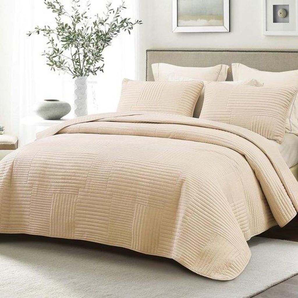 Famanu Sprei 240 x 260 cm - Microfaser mit 2 Kissenbezügen, beige