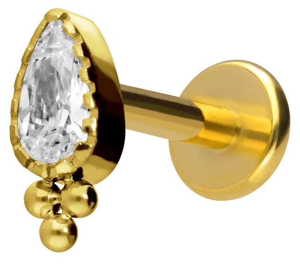 Ohrpiercing, Nasenpiercing Titan Labret mit Innengewinde KRISTALLTROPFEN + KUGELN Gold Stablänge: 10mm | Stabstärke: 1,6mm