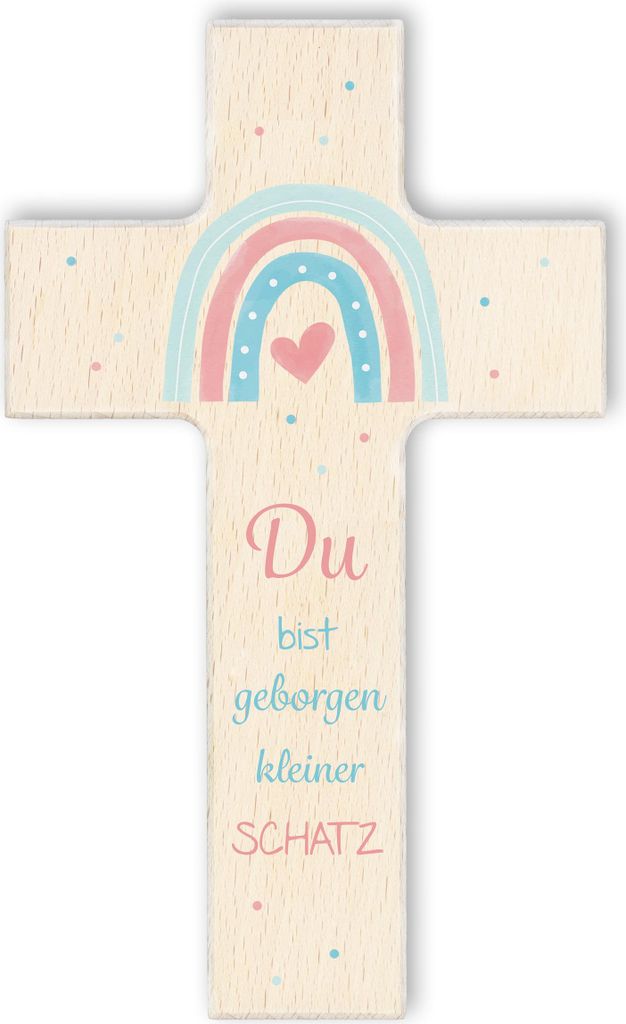 FRITZ COX Holzkreuz "Du bist geborgen kleiner Schatz" | Herz unterm Regenbogen | christliches Geschenk für Kinder natur,15cm