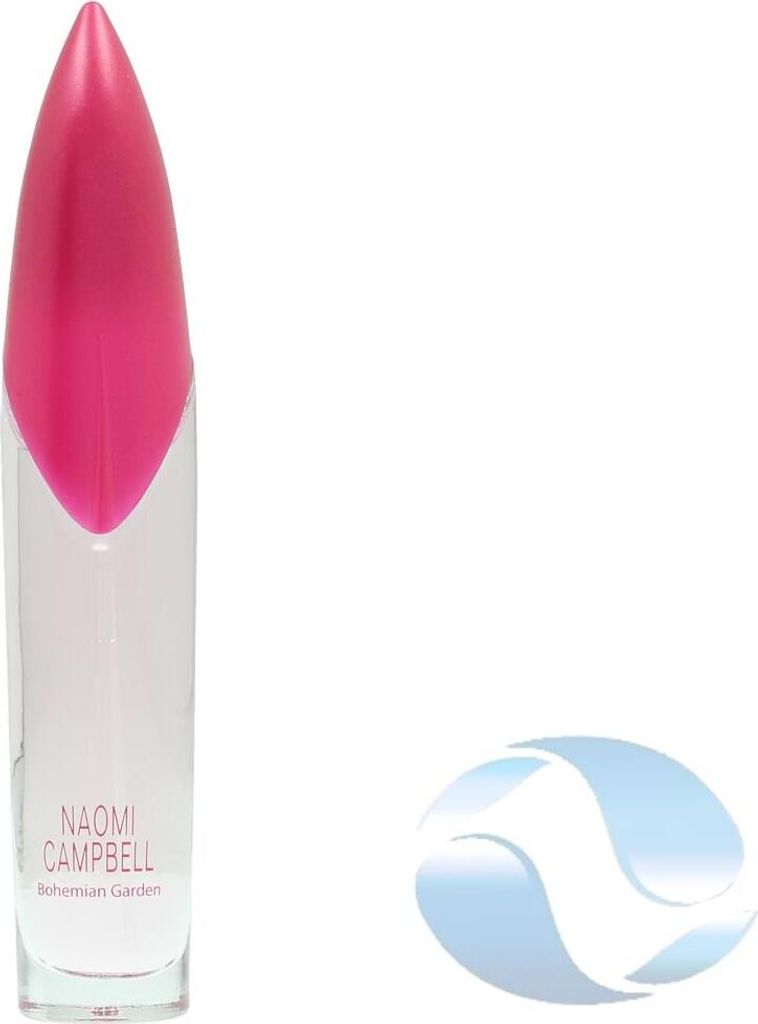 A perfume bottle with a pink cap on a white background.