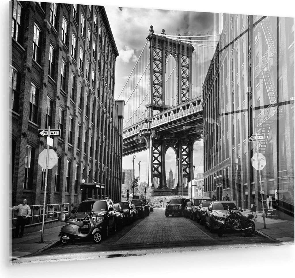 MuchoWow Glasbilder - Bilder auf Wandbild - Foto auf Glas Straße - Brücke - Amerika - Schwarz und weiß 40x30 cm Wanddekoration aus Glas - Acrylg...