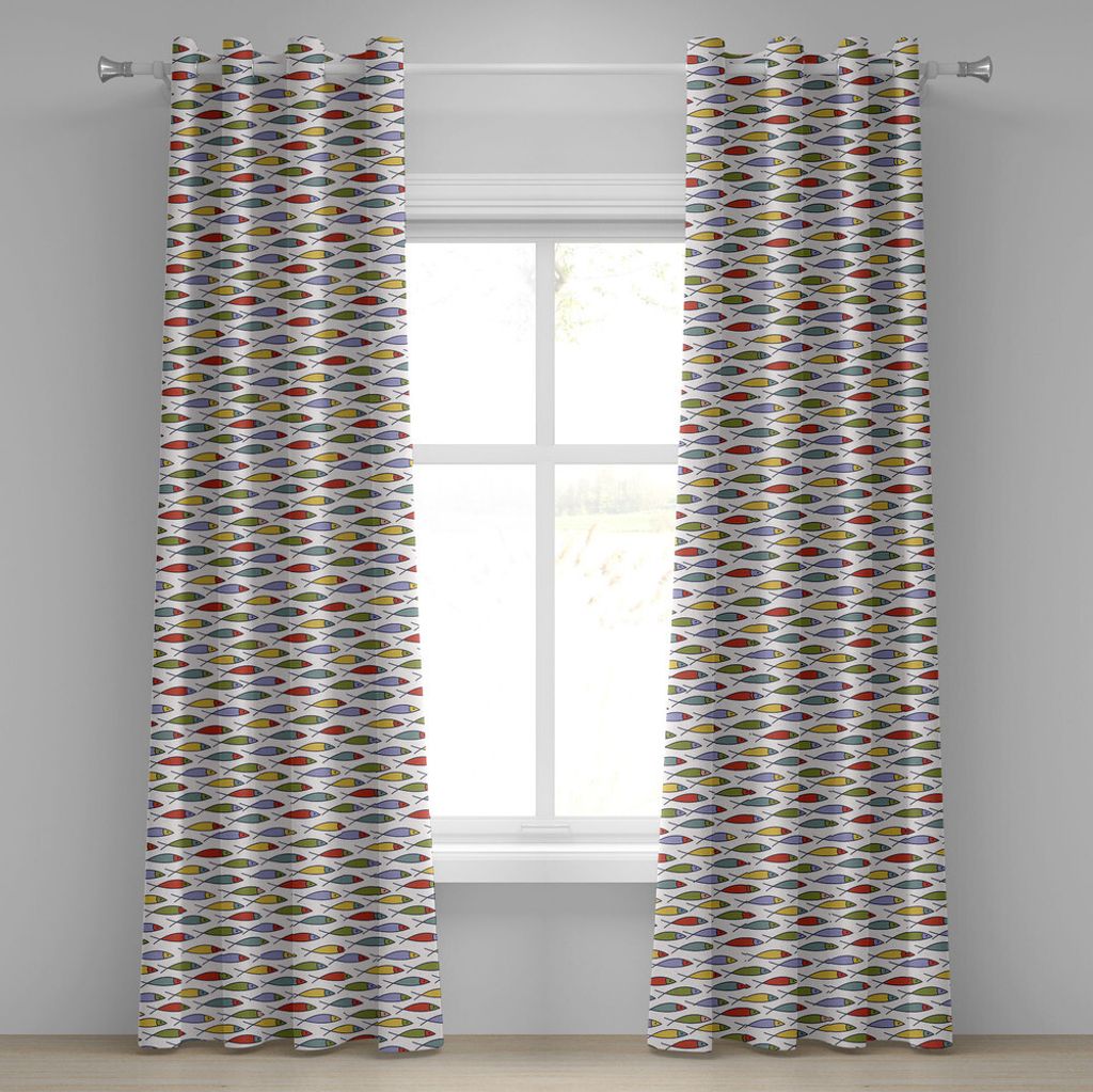 ABAKUHAUS Unterwasser- Ösenvorhang, Wiederholende Minimalistische Bunte Fische Motiven Skizzenhafte Illustration, Dekorative 2-Panel-Fenstervorhä...