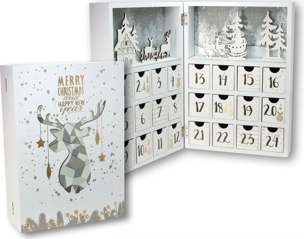 Calendrier Avent Bois Blanc 30cm Réutilisable avec 24 Tiroirs Solides