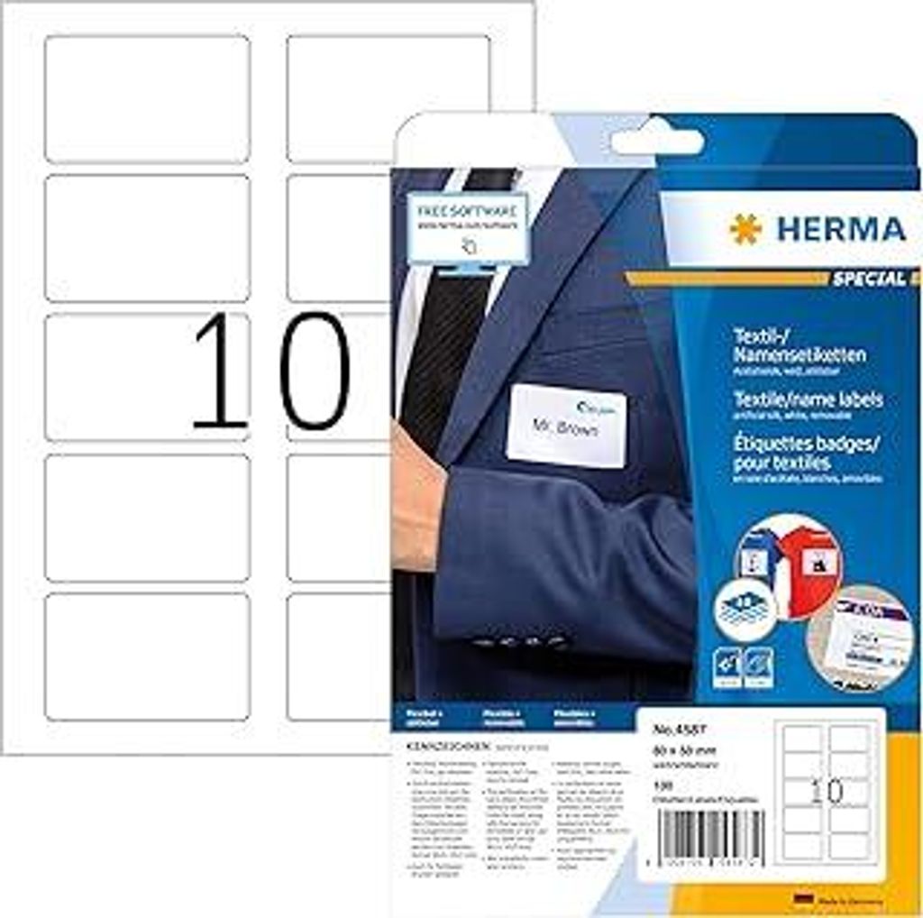 HERMA 4587 Namensetiketten ablösbar, 10 Blatt, 80 x 50 mm, 10 pro A4 Bogen, 100 Stück, selbstklebend, bedruckbar, rückstandsfrei abziehbare Acet...