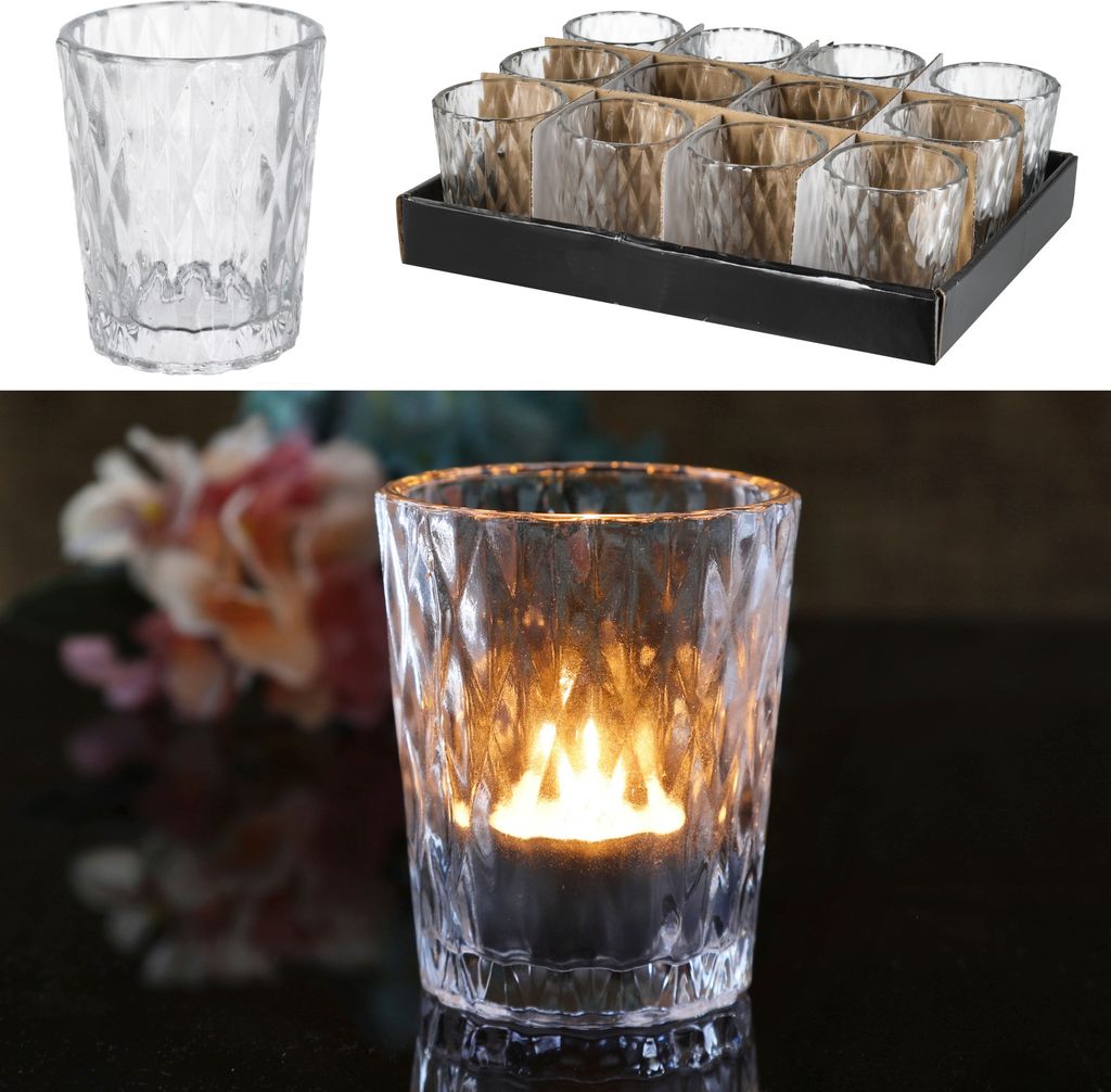 12 x Windlichter in gerader Form mit eleganter Rautenmusterung H 9 cm - Teelichtgläser 12er Set - Kleine Kerzengläser - Glaswindlichter klein