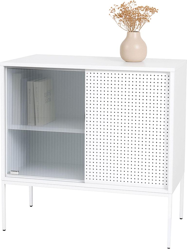 Kommode MCW-O90, Schrank Sideboard Highboard, Industrial Staufächer Schiebetüren Metall 85x80x45cm weiß