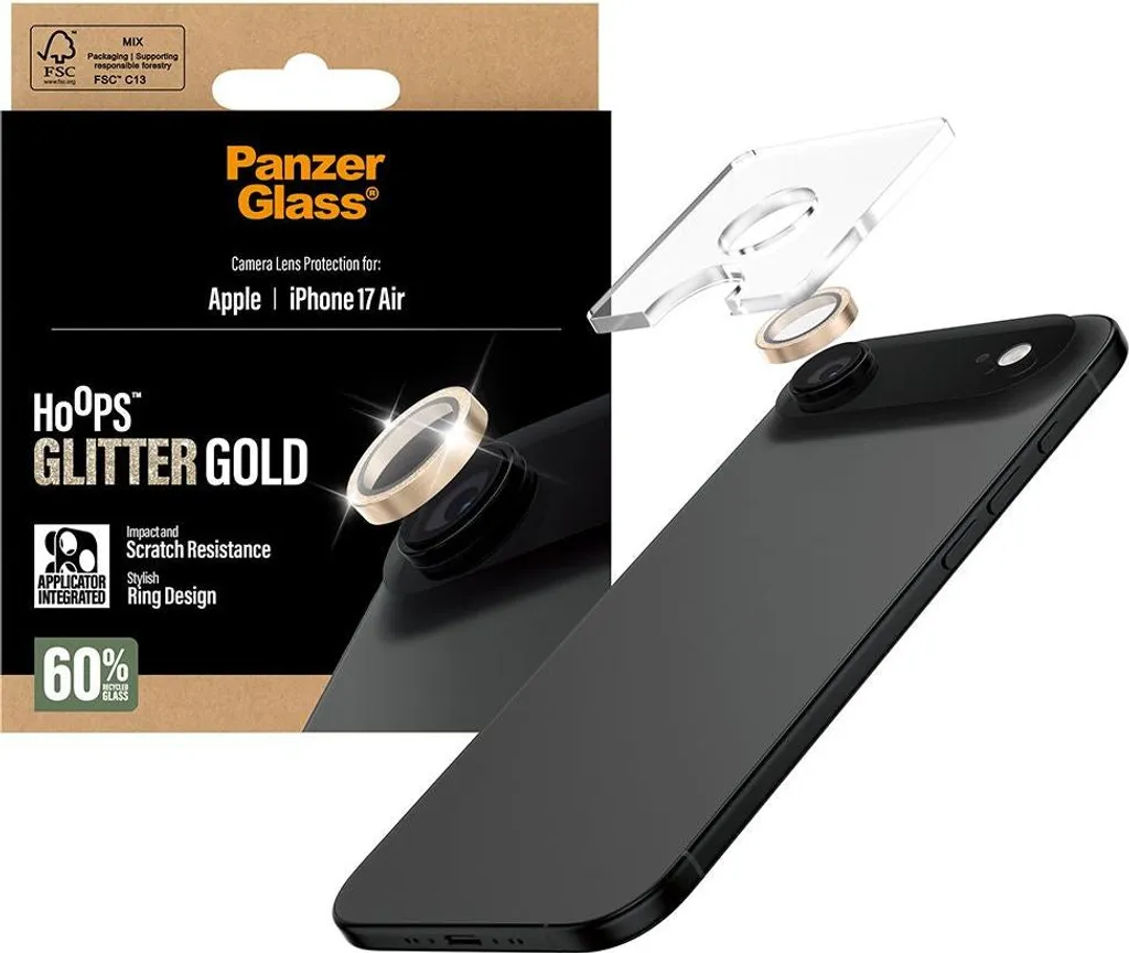 Vetro temperato per iPhone Air, PanzerGlass Hoops Glitter Gold Camera Lens Protector, Trasparente e Oro