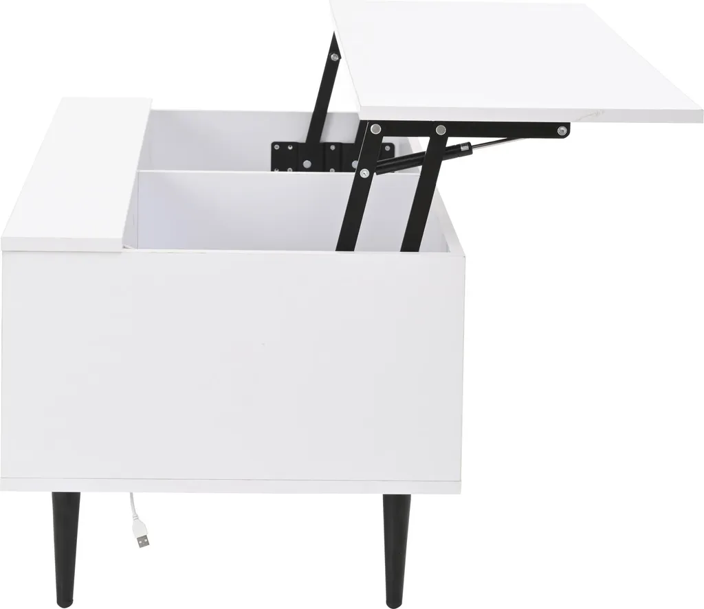 Table de Salon Relevable Design Blanc Laqué avec Rangement et LED Merax