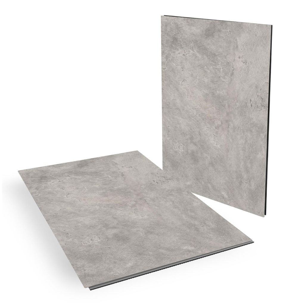 Two vinyl flooring tiles are shown, one lying flat and the other standing upright.