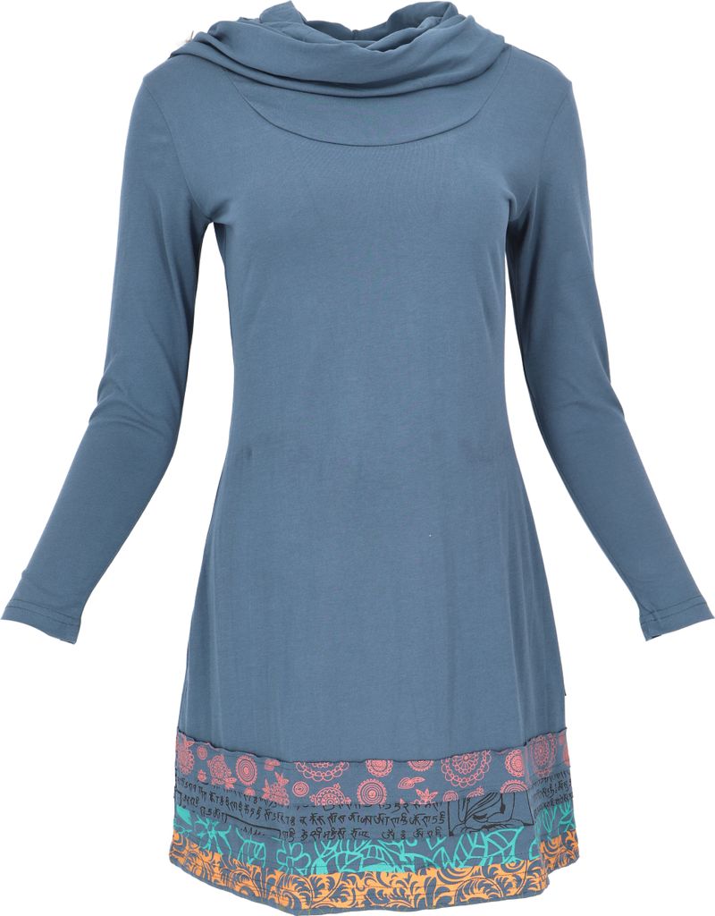 Boho Patchwork Minikleid mit Schalkragen - Taubenblau, Damen, Baumwolle(Bio), Größe: S