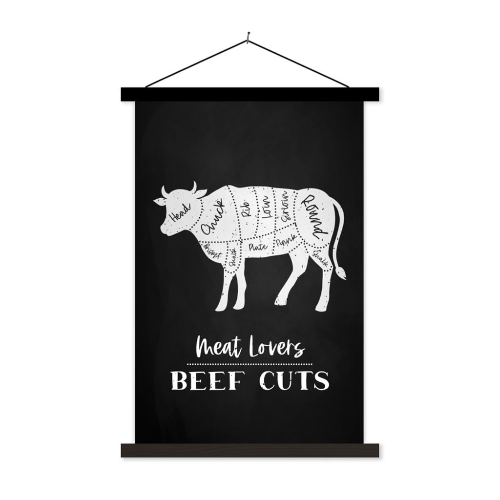 MuchoWow Textilposter Küche - Kuh - Fleischer - Fleisch 120x180 cm mit schwarzem Rahmen - Fotos
