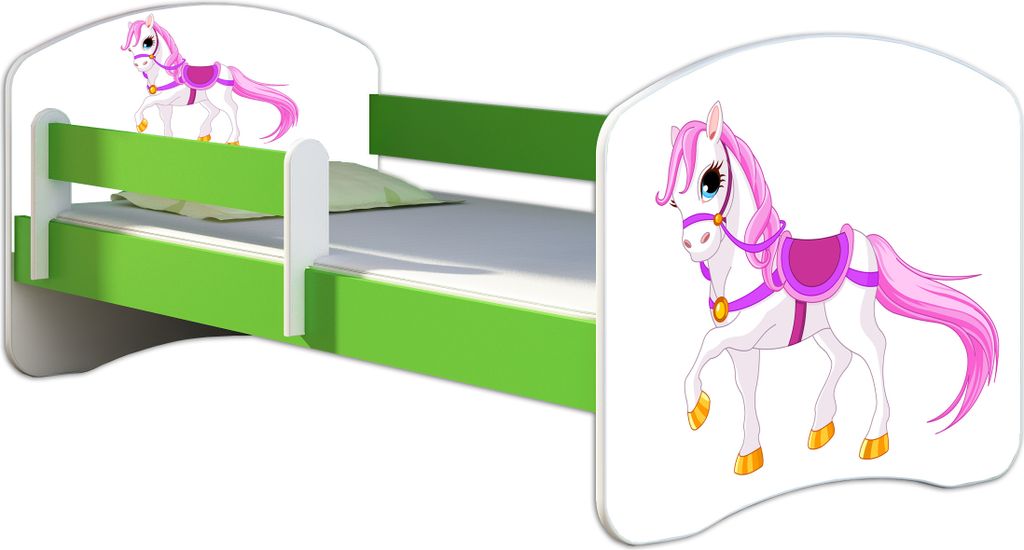 ACMA Jugendbett Kinderbett Junior-Bett Komplett-Set mit Matratze Lattenrost und Rausfallschutz Grün 43 Kleines Pferd 160x80